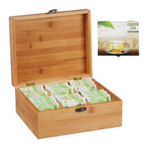 Scatola Porta Tè e Tisane 72 Bustine Organizer con Coperchio Salva-Aroma HLP 9.5x22x18.5 cm legno naturale