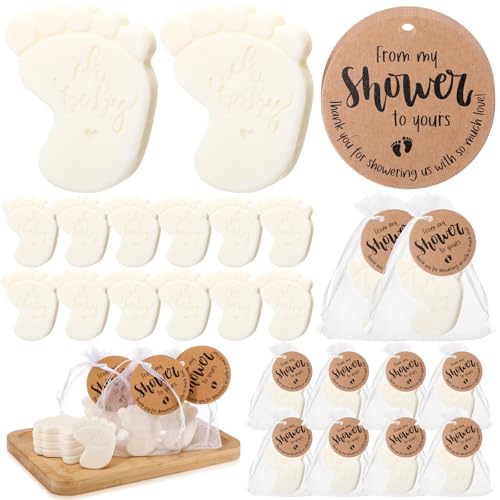 Swiffen 50 Sets Baby Shower Soap Favors for Guests Boy Girl Mini Handmade Scented Soaps with Thank You Tags and Organza Bags for Shower Gender Reveal Party Favors(White Footprint,Baby)