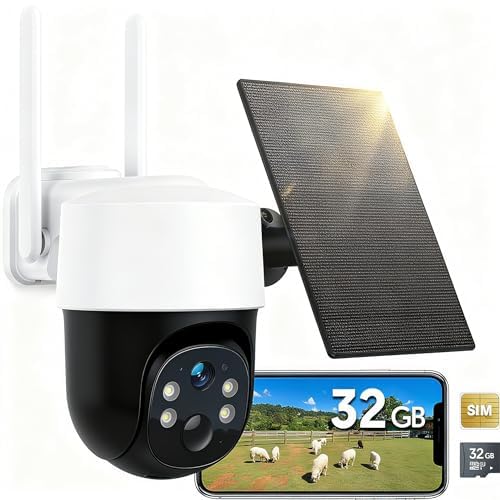 Surfola Bewakingscamera zonder wifi, 4G CCTV-camera met simkaart, draadloze buitencamera, werkt op zonne-energie, nachtzicht, koplamp, 2,5 K HD, lokale opname, 2-weg audio, 32 GB SD-kaart