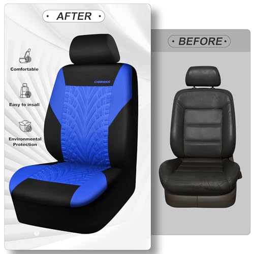 Image of CAR PASS Car Seat Covers Two Front Only for Car, 3D Tyre Print Automotive Interior Covers, Airbag Compatible, Quick Setup Universal Fit Seat Covers for Car, Truck, SUV(Black and Blue)