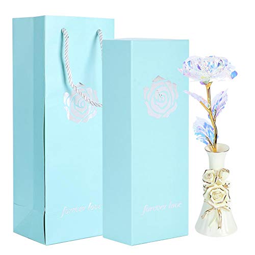 Lámina de Oro Rosa, 24K Colorida Flor Artificial eterna Galaxy Galaxy Lámina de Oro Rosa con Base para Regalos de cumpleaños de San Valentín (8.7x2.2in)(Caja de Regalo + Base de cerámica Rosa) Cover