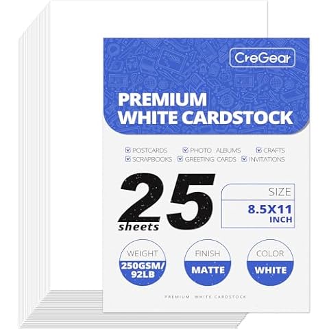 CreGear 25 Sheets White Cardstock 8.5 x 11 Cardstock Paper, Thick Cardstock 92lb/250gsm Card Stock Printer Paper, Card Stock Printer Paper for Card Making, Invitations, Menus, Scrapbooking Cover