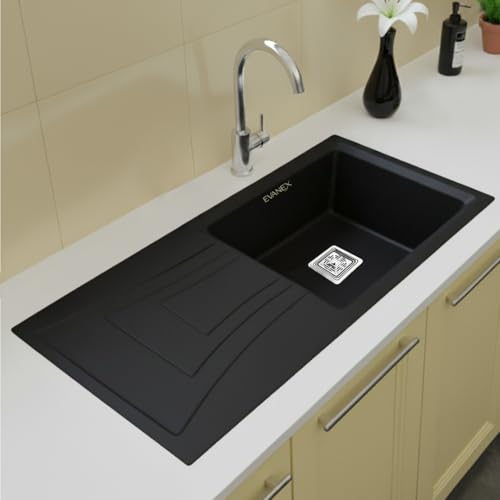 Image of EVANEX Quartz Sink for Kitchen|36x18x9 inch Kitchen Sink with Drain Board|Granite Sink for Kitchen Basin|Black Quartz Kitchen Sink with Connector, Waste Pipe, Coupling and Drain Basket