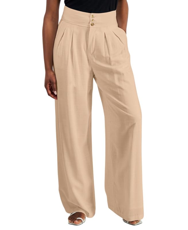 Bar III Womens Petite High Rise Pleat-Front Wide Leg Pants Warm Ginger 12P