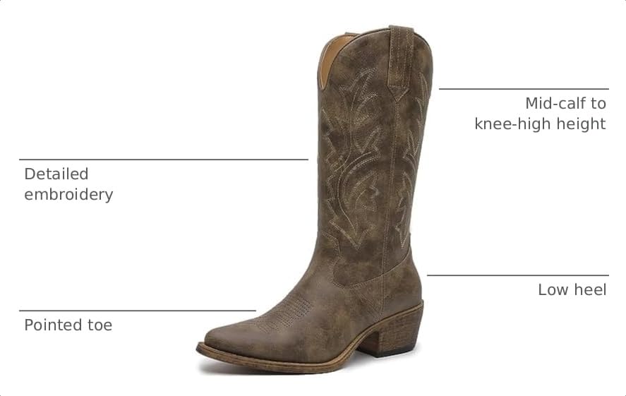 Image of GLOBALWIN Women's Mid Calf Western Cowboy Boots Cowgirl Boots for Women with Floral Embroidery Side Zipper Chunky Heel