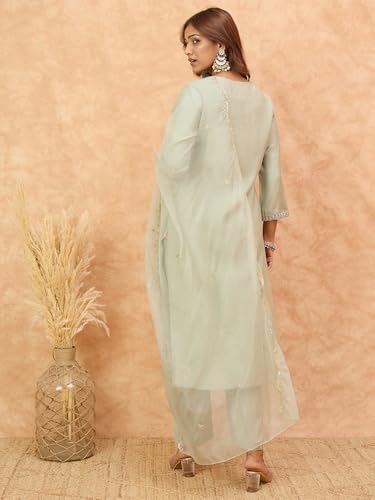 Image of Varanga Women -Thread & Sequin Embroidered Yoke Kurta With Trouser & Scallop Dupatta