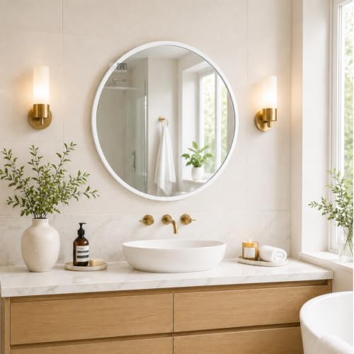 Image of Round Wall Mirror in Gold I Metal Frame Mirror I Modern Design Metal Frame Mirror in Medium Size I Bathroom Wash Basin, Bedroom, Drawing Room (White 24 inch)