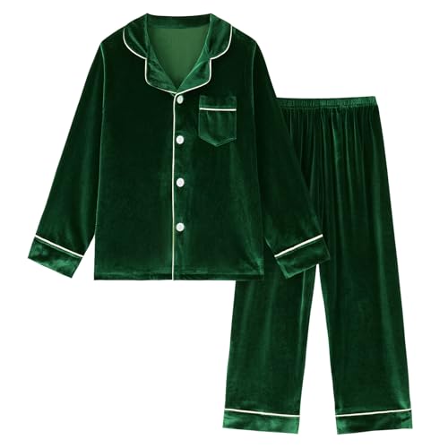 Weixinbuy Girls Velvet Pajamas Set Long Sleeve Solid Laple Pajama Button-Up Sleepwear 4-14Y Kids Fall Winter Clothes Outfits
