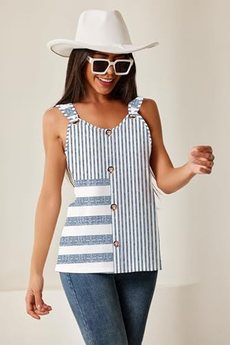 Womens Summer Tops Scoop Neck O Ring Shoulder Tank Tops Casual Sleeveless Button Front T Shirt Blouse2