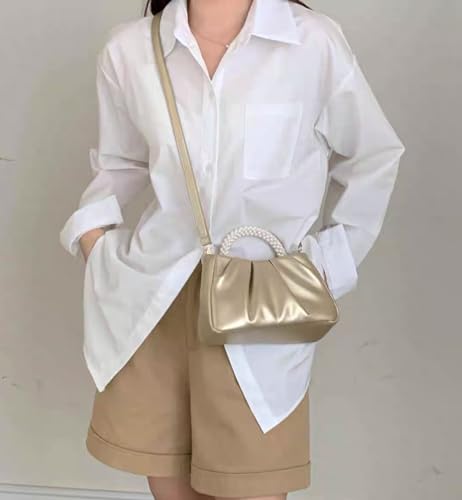 بيتفل شنطة يد نسائية من اللؤلؤ مصنوعة من الجلد الناعم بتصميم مكشكش مناسبة لحفلات الزفاف والحفلات الراقصة، لون ذهبي، فريدة من نوعها