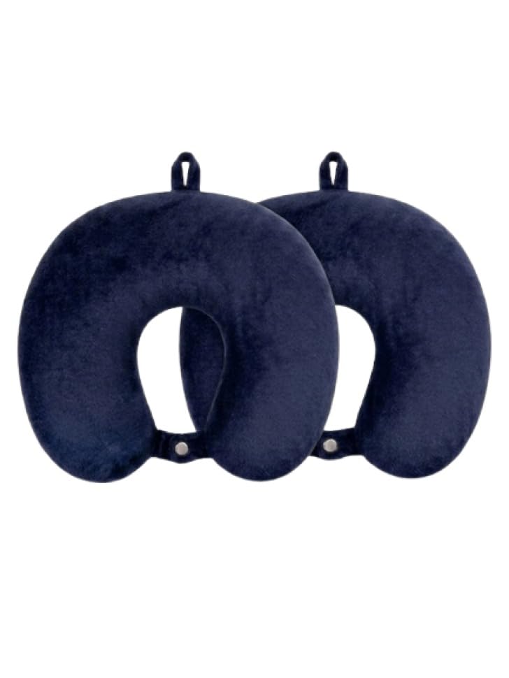 Image of Ultra Soft Travel Neck Pillow with Hanging Loop Snap Button Closure for Home Office and Airplane Flight, Bus, Car, Train Travelling Use [Blue] (Pack of 2)