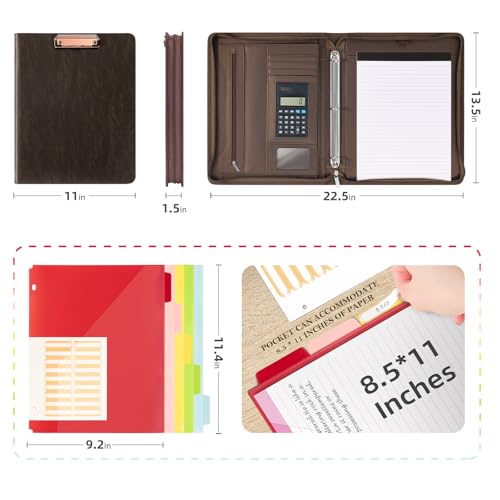 Image of Ospelelf Zippered Portfolio Binder, Leather Clipboard Folder with Storage, 3 Ring Binder 1 Inch, 12.1 inch Tablet Sleeve, 5 Dividers with Pocket, Refillable Notepad, Card Slot (Brown)