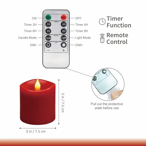 Image of Red Flameless LED Candles 3 inch Diameter Real Wax 2AA Battery Operated 600hr+ Flickering Candles with Timer Remote Control for Halloween Thanksgiving Christmas Wedding Indoor (Red, 3″x3″- 2 PCS)