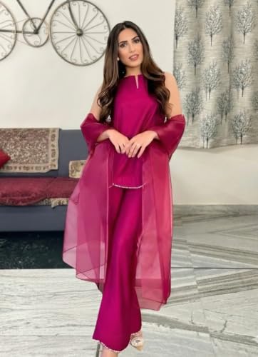Image of Pearl Embroidered Solid Kurta Palazzo Set|Indo Western Party Outfit with Organza Net Dupatta|Sleeveless Kurti for Women