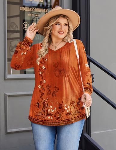 IN'VOLAND Womens Plus Size Shirts Puff Long Sleeve Tops Pleated V Neck Tunics Fall Dressy Casual Loose Blouse3