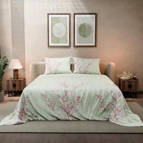 Image of BLISSHOME SoftTouch 140TC Cotton King Size Printed Bedsheet with 2 Pillow Covers for Double Bed, Silky Smooth Bedding Set, Breathable, Easy Maintain, Floral Print - Pink, White