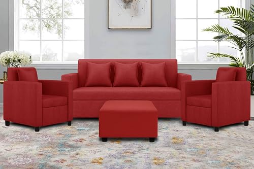 Image of 3+1+1 Seater Sofa Set with Ottoman -Modern Velvet Fabric Sofa Set for Living Room, Deep Seating Comfort with Cushions (Red)