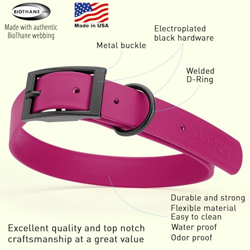 Image of Dogline Biothane Waterproof Dog Collar Strong Coated Nylon Webbing with Black Hardware Odor- Proof for Easy Care Easy to Clean High Performance Fits Small Medium or Large Dogs, Magenta Pink