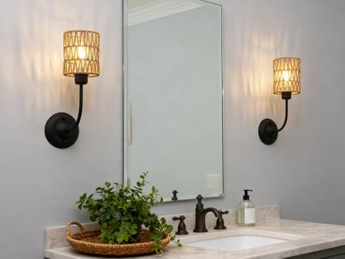 Image of Yosoan Set of 2 Rattan Boho Wrapped Wall Sconce Light, Indoor Hardwired Gold Hand-Woven Farmhouse Vintage Lamps, Brass Braided Rope Shade Wall Mount Fixture for Reading Bedroom(Black)