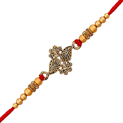 Image of Okos Gold Oxidise Dual Leaf Rakhi (Bracelet) Adorned With Lct Stones For Dearest Bhai /Bhaiya /Brother RK1000363C