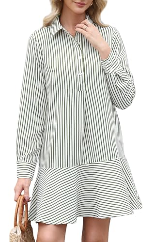 Image of EZAPINE Womens Striped Shirt Mini Dress Long Sleeve Collared Ruffle Hem Button Up Tunic Flowy Swing Dresses