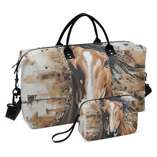 Horse Head Art Duffle Bag for Travel, Gym Bag with Multiple Interior Pockets for Men Women Overnight Box Included 20.5 x 1.9 x 13.8 In