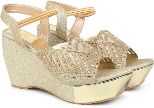 Image of Action Women's Glitter Platform Sandals| Block Heel|Cross-Strap Design with Ankle Strap| Bronze