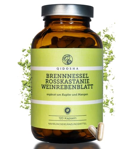 QIDOSHA Brennnessel Rosskastanie Weinrebenblatt Komplex Kapseln plus Kupfer & Mangan 120 Kapseln im Apothekerglas deutsche Fertigung jede Charge laborgeprüft