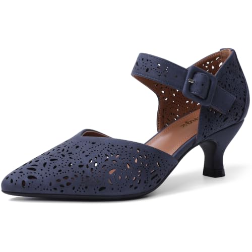 Image of RIBONGZ Comfortable Kitten Heels for Women Pointed Closed Toe Ankle Strap Buckle Heels Slip on Low Heel Church Pumps Wedding Bridal Party Dressy Shoes
