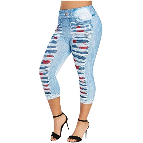 Ripped Cropped Jeans for Women High Elastic Waist Butt Lifting Stretchy Skinny Faux Jeans Slimming Trendy Capri Pant