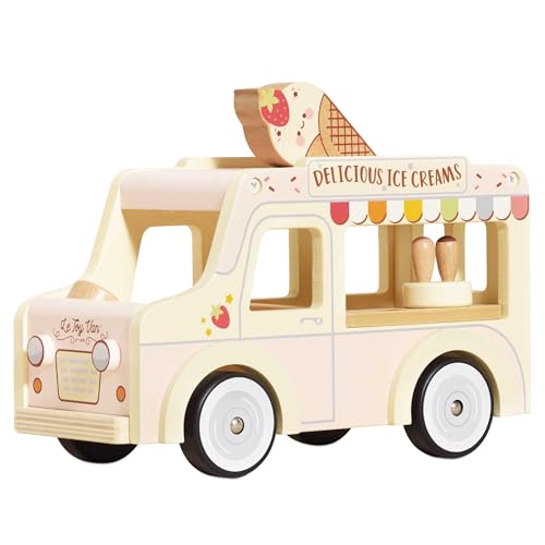 Le Toy Van - ME083 - Camión de Helados de Juguete Educativo para niños en Madera FSC, 3 años, 26 x 12 x 19 cm, para Juego de muñecas, Techo abatible, congelador, Conos de Helado incluidos