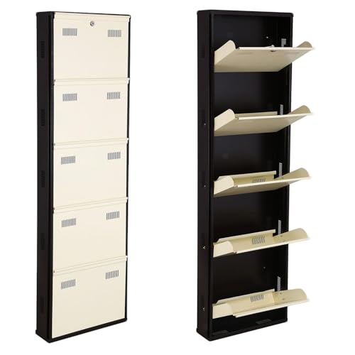 Image of Metal Shoe Rack Wall Mounted for Home with Central Locking 5 Door 20 inch Wall Mounted Metal 10 Pair Shoe Rack Cabinet Pre-Assembled Rack Shelves |3 Year Warranty (Brown & Ivory)