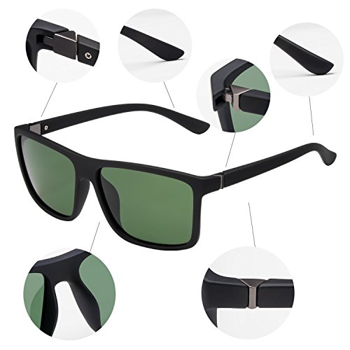 Óculos de sol masculino NIEEPA com armação quadrada polarizada, Dark Green Lens/Black Frame, Medium
