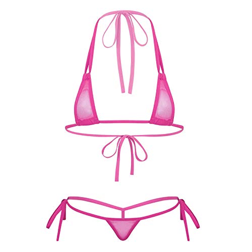 inhzoy Conjunto de Micro Bikini con Tiras de Malla Transparente Sexy para Mujer Traje de Baño Triangular Ropa para Playa de Tomar el Sol Rosa Caliente Talla Única