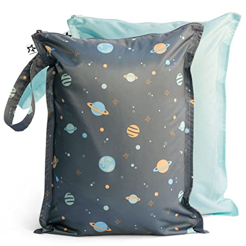 Image of Tiny Twinkle Mess-proof Wet Bags 2 Pack Waterproof and Washable Bag for Travel storage, Stroller, Daycare, Baby Diapers, Yoga, Beach, Pool, Wet Toddler Swimsuits (Space)