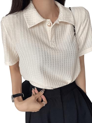 SweatyRocks Camiseta polo feminina de manga curta com botões e gola frontal texturizada transparente