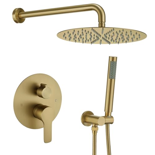Image of Iriber Brushed Gold Shower System Wall Mounted Shower Faucet Mixer Set with 10 Inches Rain Shower head and Handheld, Bathroom Shower Trim Kit Contain Pressure Balance Valve Cartridge