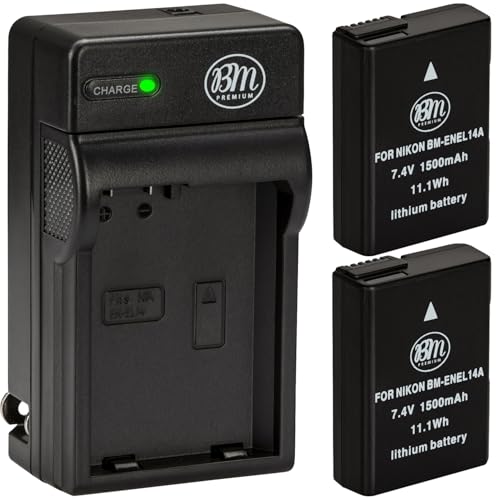 BM Premium Pack of 2 EN-EL14A Batteries and Charger for Nikon D3100, D3200, D3300, D3400, D3500, D5100, D5200, D5300, D5500, D5600, DF, Coolpix P7000, P7100, P7700 Digital SLR Cameras