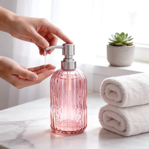 Image of 16 OZ Pink Glass Soap Dispenser Glass Soap Dispenser,Clear Pink Stripe Bathroom Hand Soap Dispensers with Stainless Steel Pump, Pink Kitchen Hand Soap Dispenser with Brushed Nickel Pump