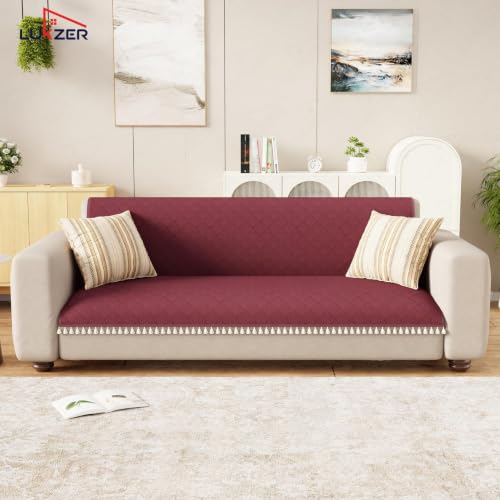 Image of Lukzer Quilted Sofa Cover Mat with Tassels for 3 Seater Sofa - Cranberry Red | Soft Washable Anti-Slip Protector for Living Room | Furniture Cover for Back-Seat Slipcover 180X150CM / SC-194-3T