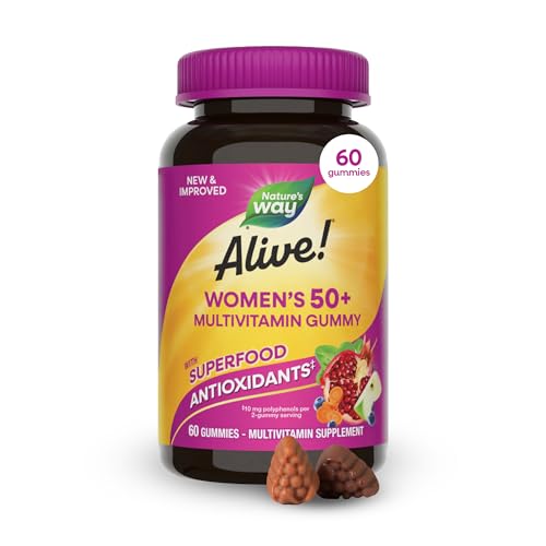 Nature’s Way Alive! Women’s 50 Plus Multivitamin Gummy, Daily Chewable Multivitamins with B-Vitamins, Vitamin D3, Calcium, Supports Heart, Brain & Bone Health,* Mixed Berry Flavored, 60 Count