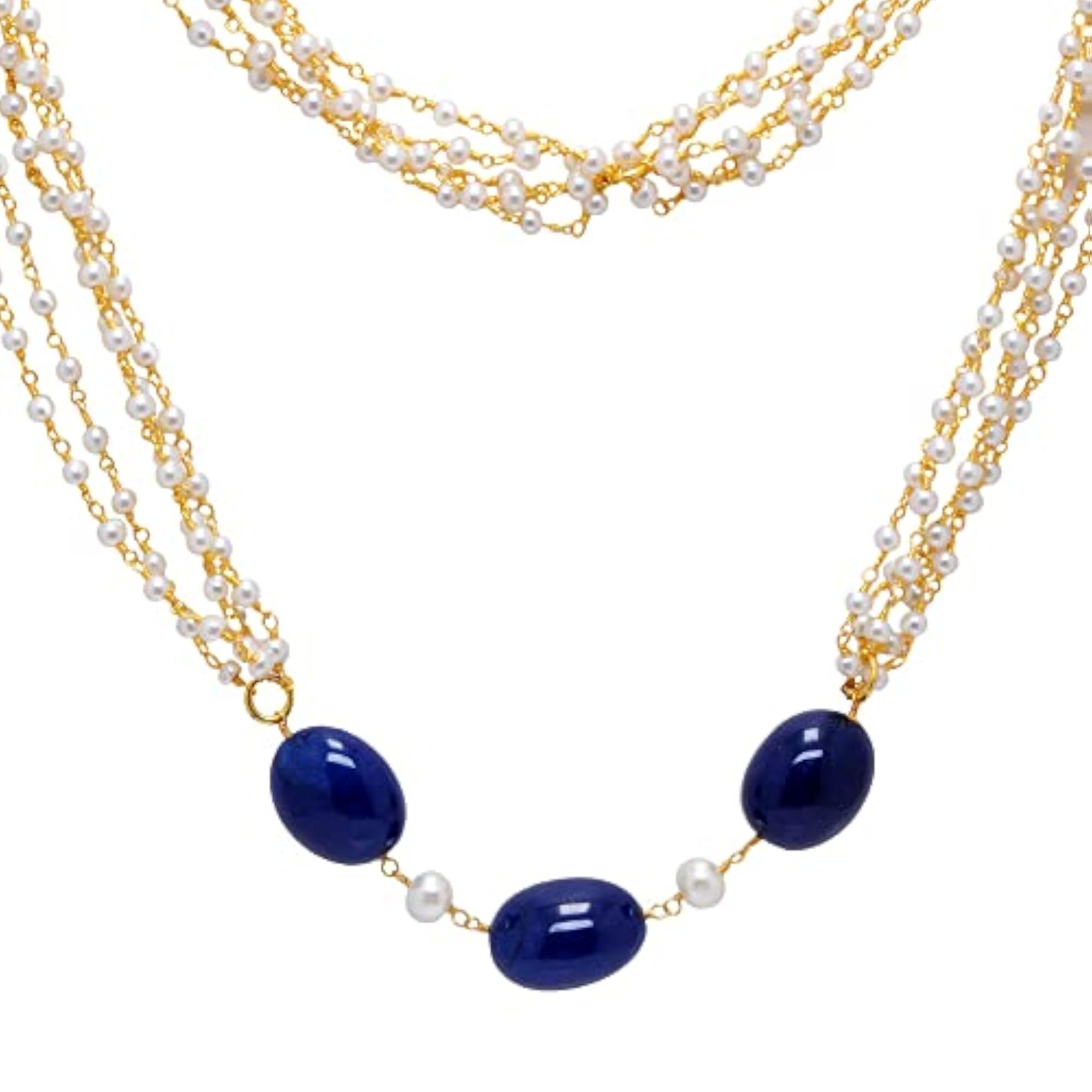 Jaipur Pearl & Sapphire Gemstone Chain Necklace, Gift for Her