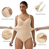 SHAPERX Shapewear for Women Tummy Control Body Shaper Seamless Briefs Bodysuit with Removable Pads, UK-SZ5433-Beige-XS - Image 4