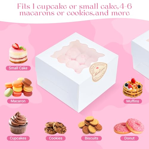 Homrelaxy 30pcs White Cookie Boxes with Window, 4x4x2.5 Inches Small Bakery Boxes with Stickers, for Mini Cake, Macaroon, Cupcakes, Treat Dessert, Candy, Donuts, Cookies, Strawberries, Chocolate