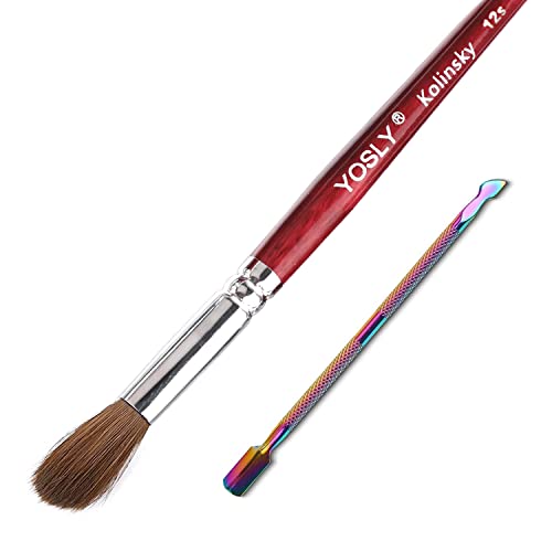 Yosly Acrylic Nail Brush and Cuticle Pusher, 100% Kolinsky Nail Art Brush for Acrylic False Nail, Red-Wood Pen, Non-Forked And Non-Clumping Nib, Acrylic Nail Brush For French Nail. (12#)