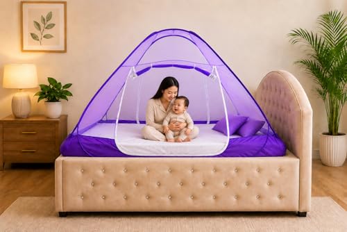 Image of Healthy Sleeping Mosquito Net | Double Bed | Supreme King Size Bed | Foldable Machardani with 2 Side Zipper Opening | Strong 30GSM Polyester Net | PVC Coated Steel Wire (Violet)