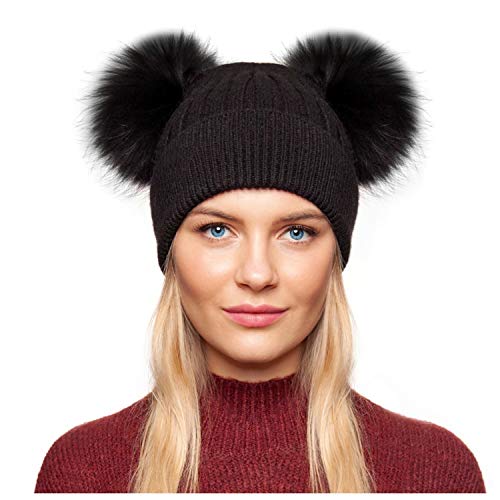 Brillabenny Cappello Cuffia Cashmere Pelliccia Vera Doppio PON PON Donna Berretto Inverno Regalo Lusso Hat Fur (Adulto, Nero)