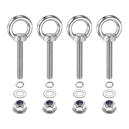 Image of PATIKIL M8 x 50mm Shoulder Eye Bolt, 4 Pcs 304 Stainless Steel Lifting Ring Threaded Eye Bolt with Flange Lock Nuts Spring and Flat Washers for Hanging Tie Down Straps Outdoor Indoor