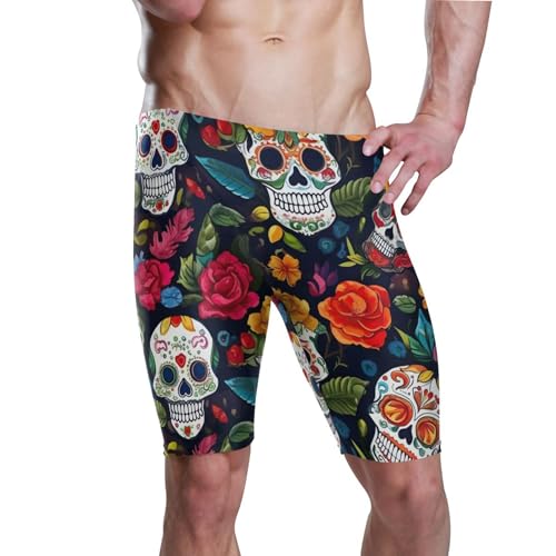 UMIRIKO Sugar Skull Skeleton Gothic Flowers Men's Swimsuit Swim Jammers L B0400589