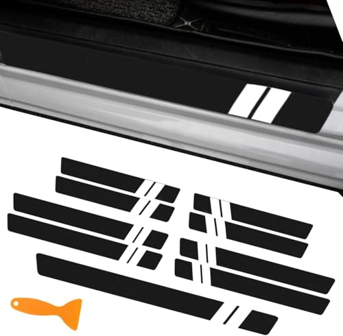 9Pcs Car Door Sill Protector Strips Set Carbon Fiber, Scuff Guard Non-Slip Auto Styling Decoration Stickers Accessory, with 8 Ca r Sill Protectors Strips, 1 Car Bumper Protectors, 1 Scrapers